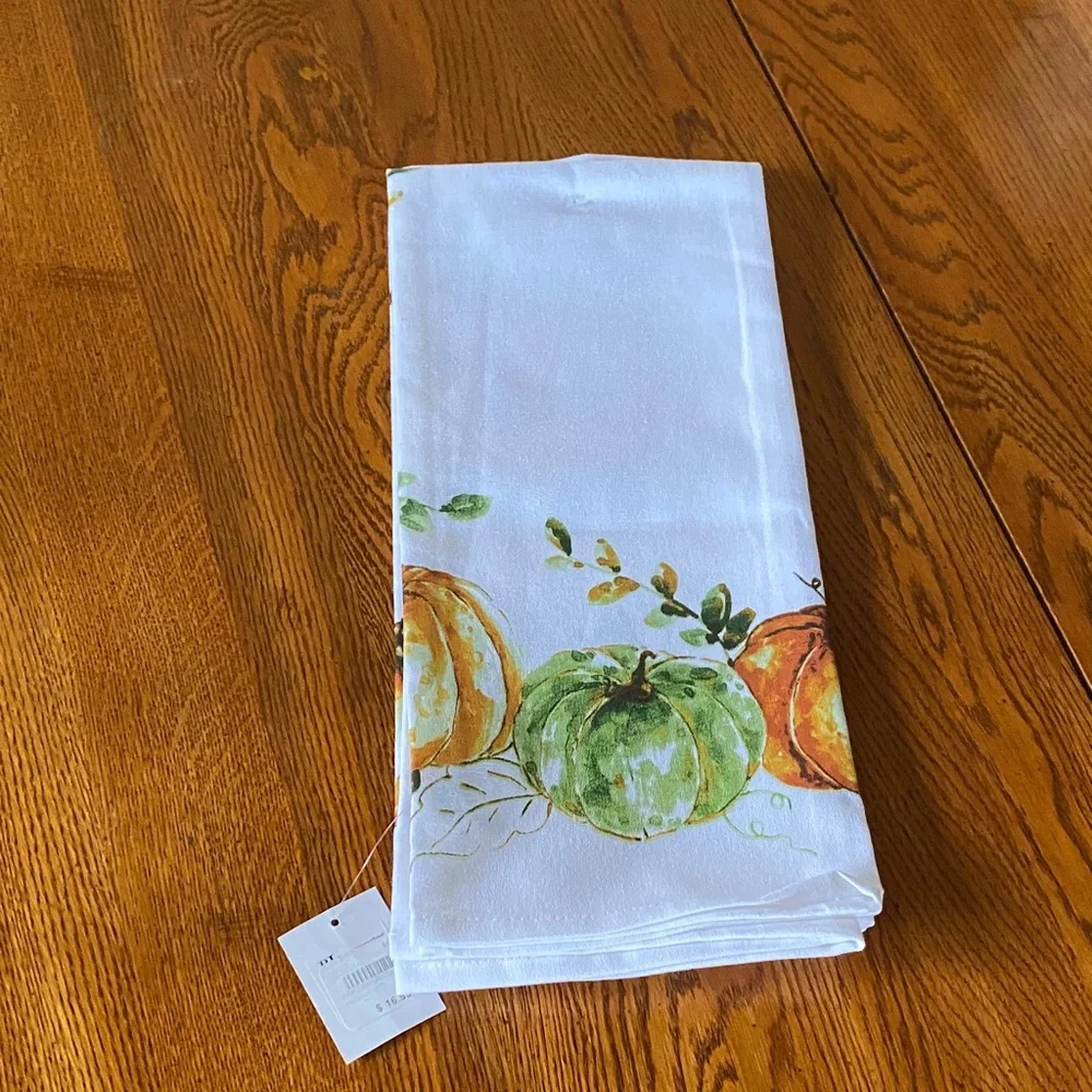 Kitchen Pumpkin Print Cotton Tea Towel - White with Orange & Green Pumpkins